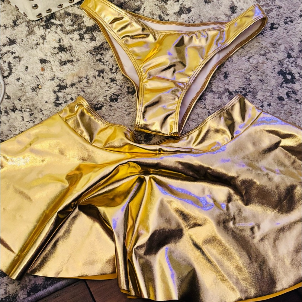 Rave Festival Gold Metallic Skirt + Bikini Set